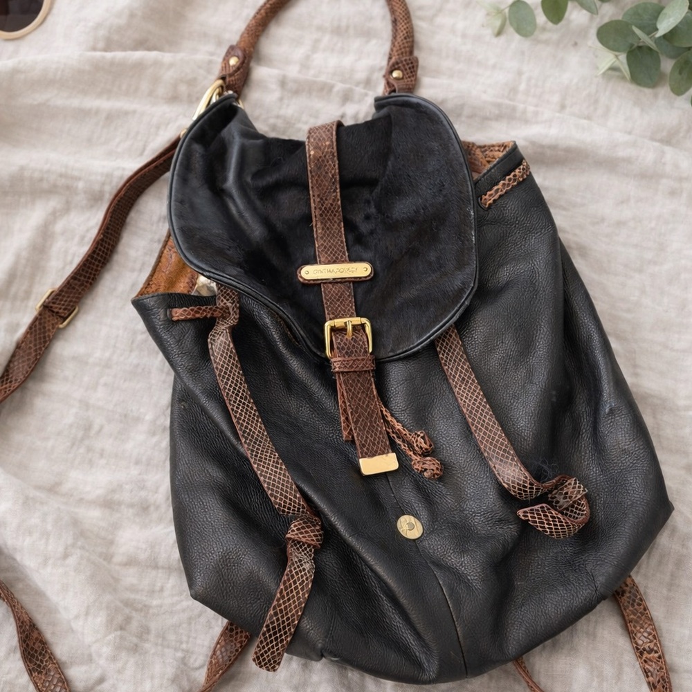 Black Leather Snakeskin Trim Backpack